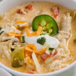 close up of creamy Chicken Taco Soup Recipe.
